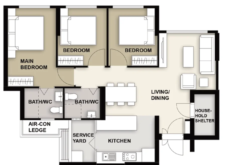 Sun Plaza Spring floor plan, type 4R: 4-room, 93 sqm, 1,001 sq ft
