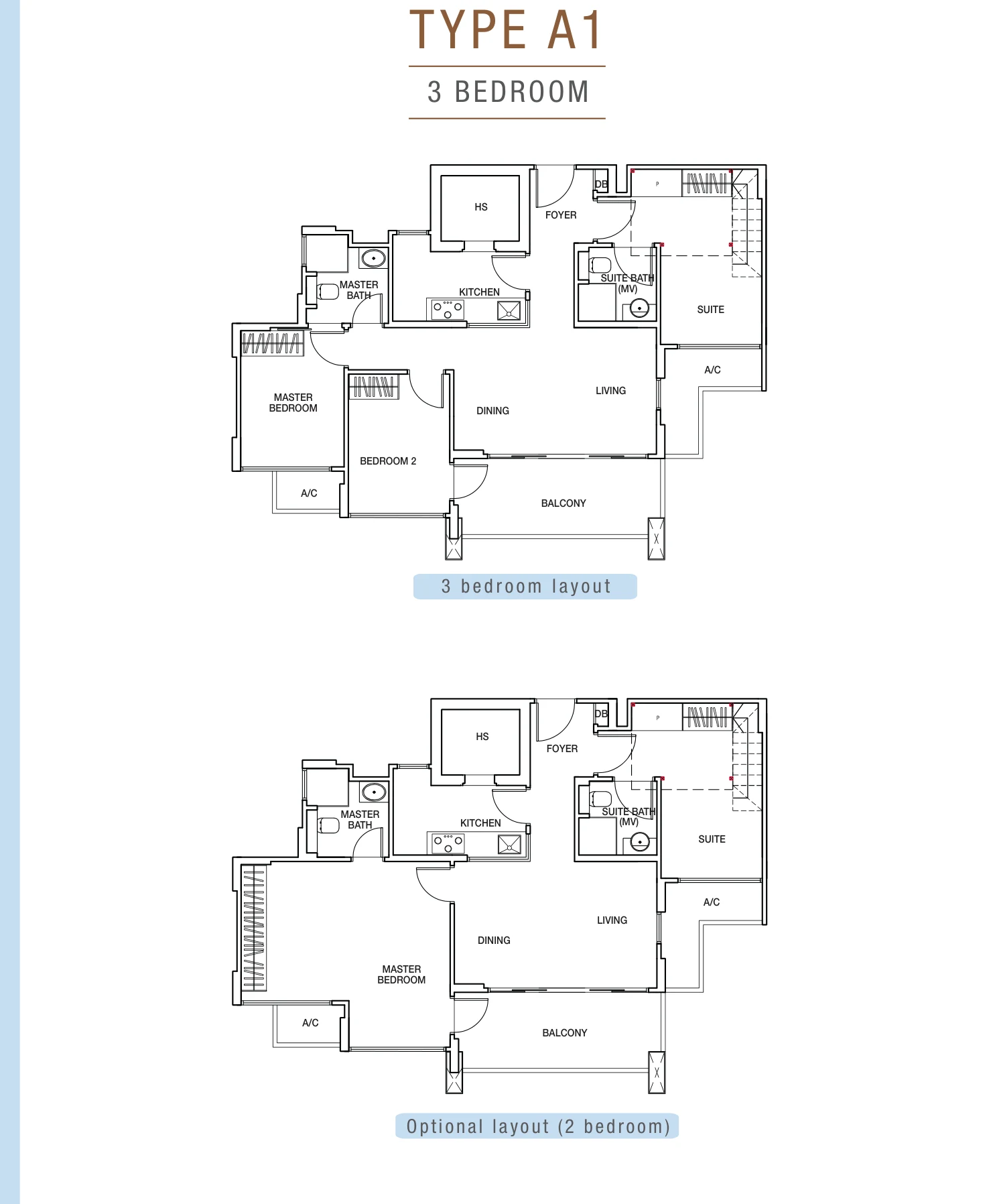 Sunnyvale Residences floor plan, type A1: 3-Bedroom, 936 sq ft