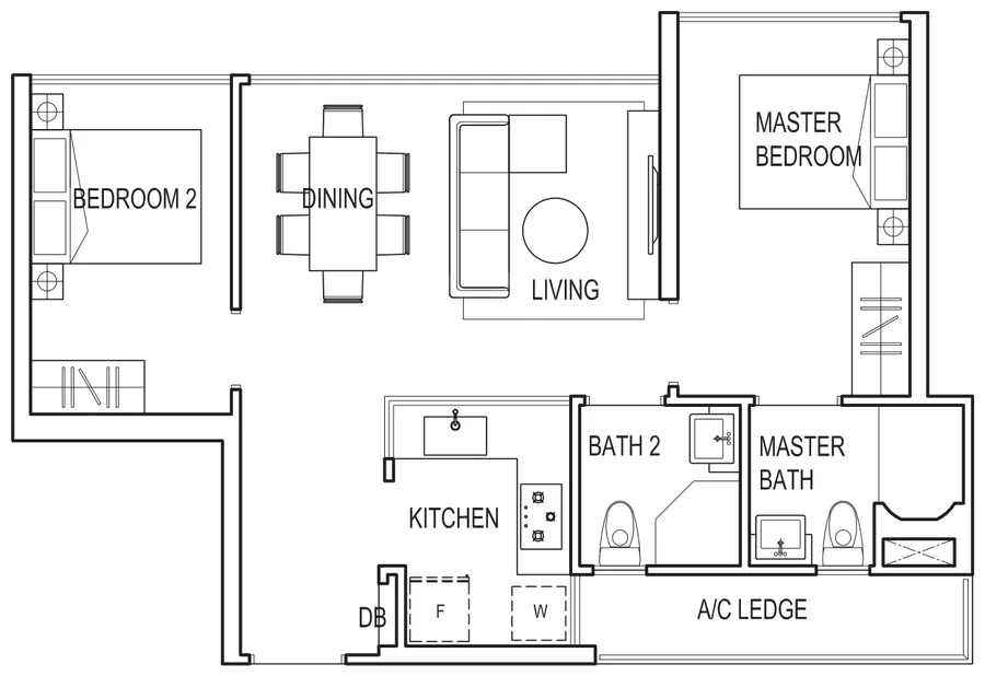 Symphony Suites floor plan, type A1: 2-Bedroom, 689 sq ft