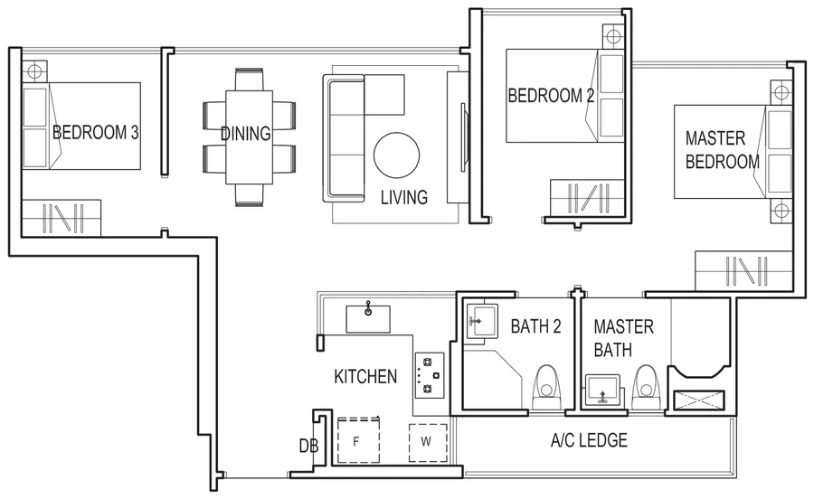 Symphony Suites floor plan, type B1: 3-Bedroom, 786 sq ft