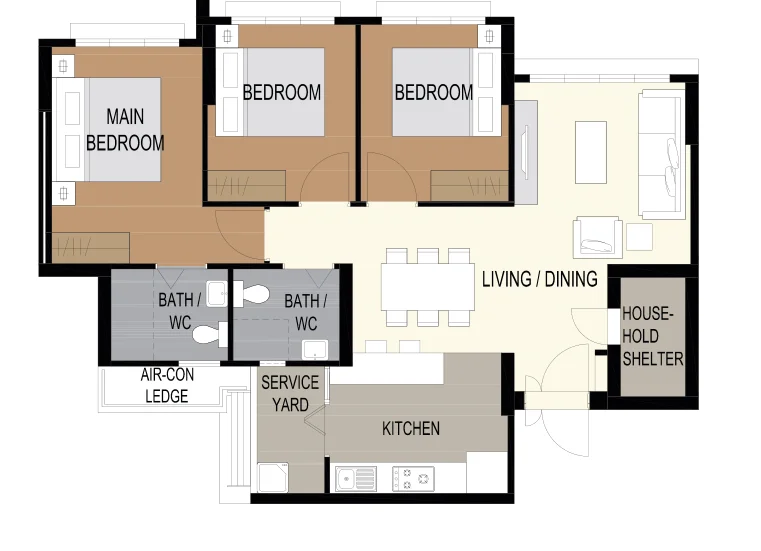 Tampines GreenBloom floor plan, type 4R: 4-room, 93 sqm, 1,001 sq ft