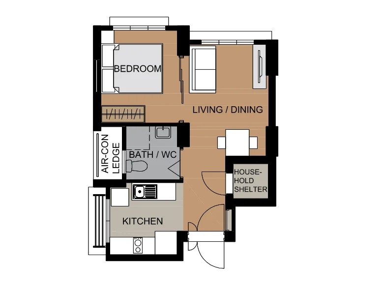 Tampines GreenCourt floor plan, type F1: 2-room Flexi (Type 1), 41 sqm, 441 sq ft