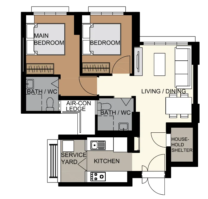Tampines GreenCourt floor plan, type 3R: 3-room, 68 sqm, 732 sq ft