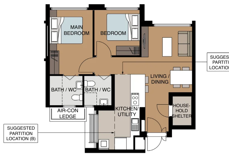 Tampines GreenCrest floor plan, type 3R: 3-room, 70 sqm, 753 sq ft