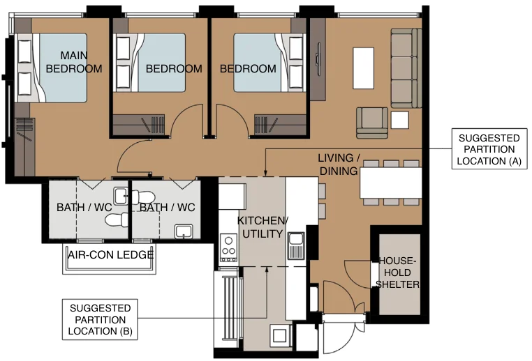 Tampines GreenCrest floor plan, type 4R: 4-room, 94 sqm, 1,012 sq ft