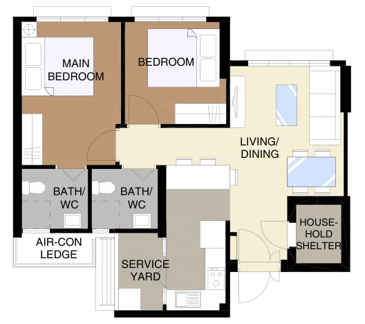 Tampines GreenDew floor plan, type 3R: 3-room, 69 sqm, 743 sq ft
