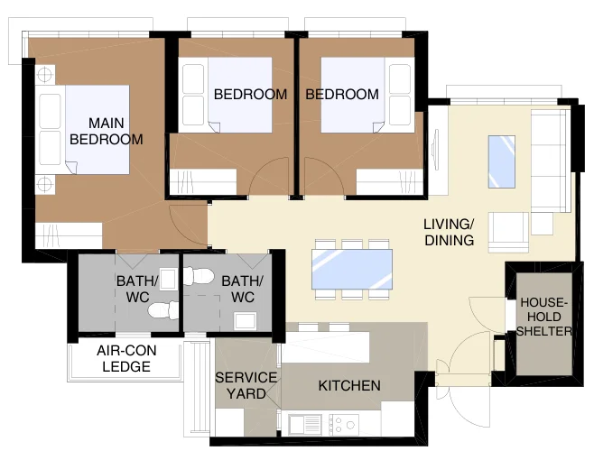 Tampines GreenDew floor plan, type 4R: 4-room, 93 sqm, 1,001 sq ft