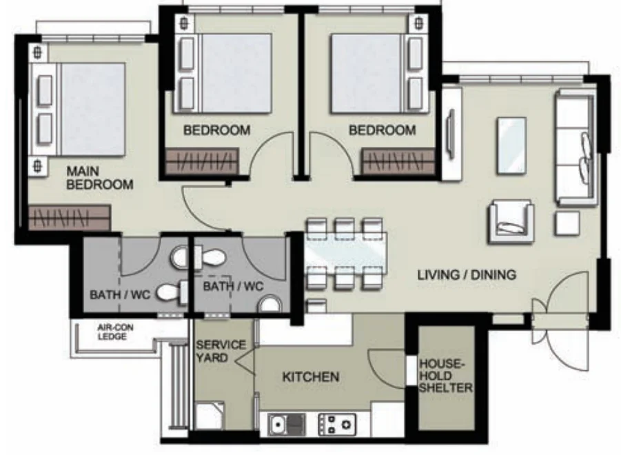 Tampines GreenEdge floor plan, type 4R: 4-room, 92 or 93 sqm, 990 sq ft