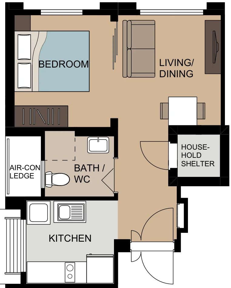 Tampines GreenEmerald floor plan, type 2F1: 2-room Flexi Type 1, 40 sqm, 431 sq ft