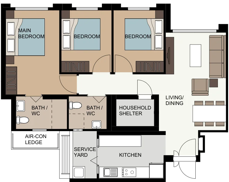 Tampines GreenEmerald floor plan, type 4R: 4-room, 94 sqm, 1,012 sq ft