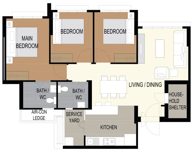Tampines GreenFlora floor plan, type 4R: 4-room, 93 sqm, 1,001 sq ft