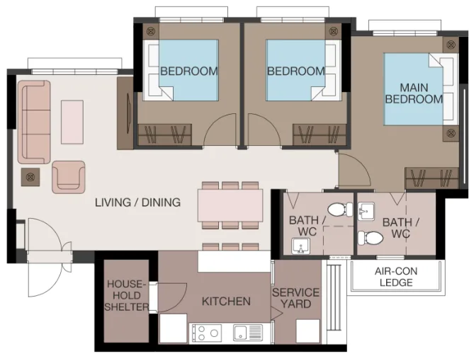 Tampines GreenFoliage floor plan, type 4R: 4-room, 93 sqm, 1,001 sq ft