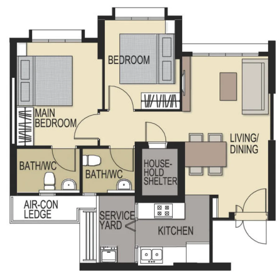 Tampines GreenForest floor plan, type 3R: 3-room, 68 sqm, 732 sq ft