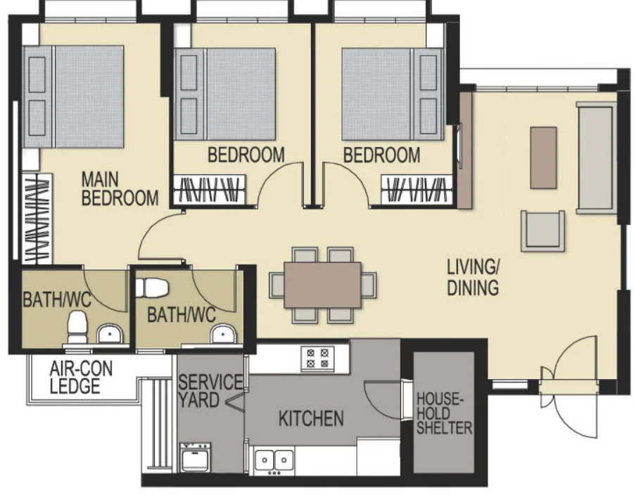 Tampines GreenForest floor plan, type 4R: 4-room, 93 sqm, 1,001 sq ft