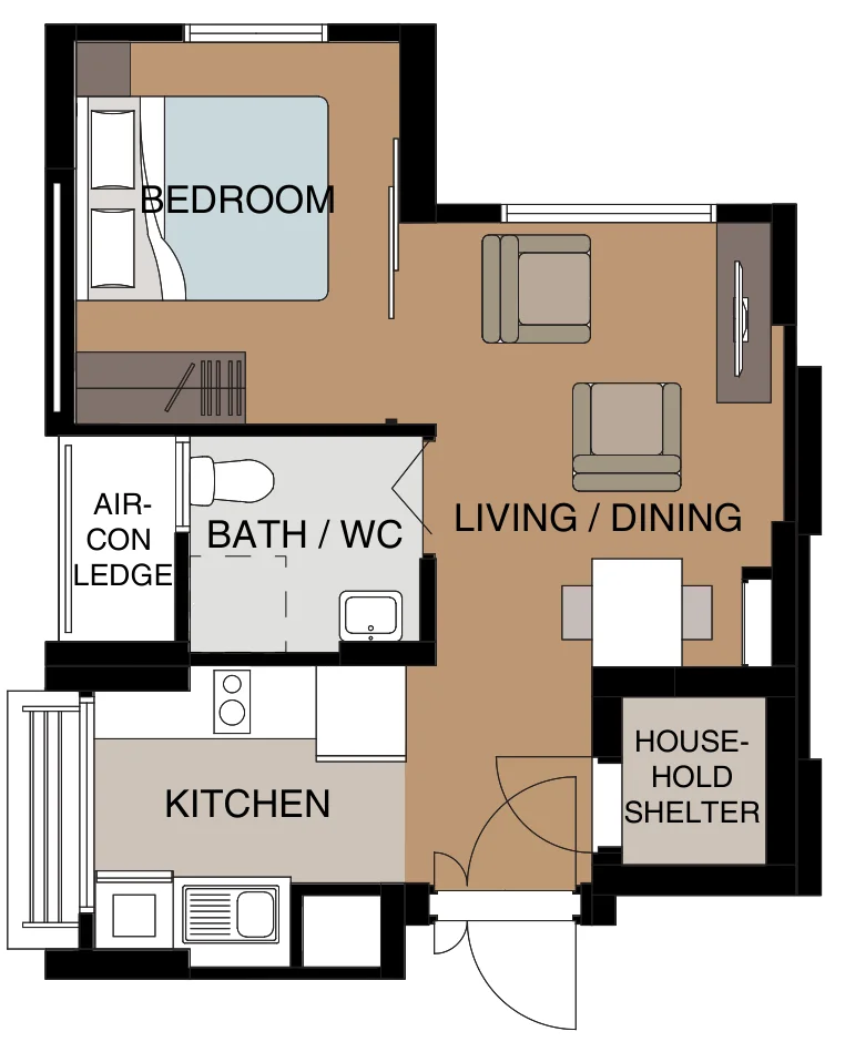 Tampines GreenGem floor plan, type F1: 2-room Flexi (Type 1), 40 sqm, 431 sq ft