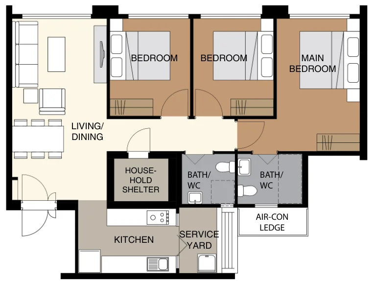 Tampines GreenGlade floor plan, type 4R: 4-room, 93 sqm, 1,001 sq ft