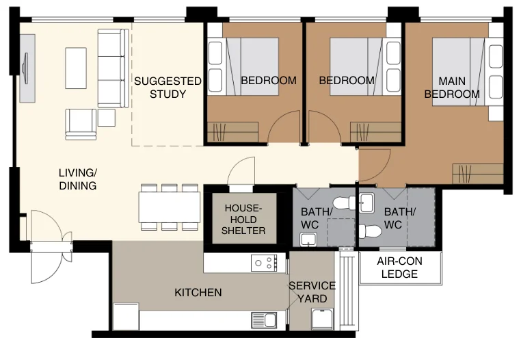 Tampines GreenGlade floor plan, type 5R: 5-room, 113 sqm, 1,216 sq ft