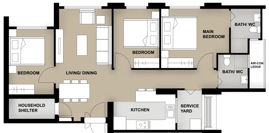 Tampines GreenJade floor plan, type 4R: 4-room, 95 sqm, 1,023 sq ft