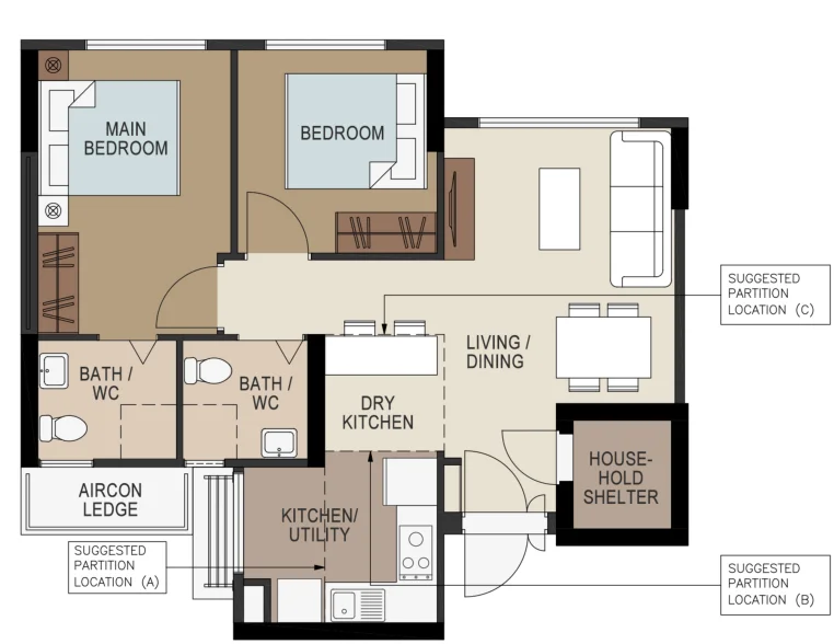 Tampines GreenOpal floor plan, type 3R: 3-room, 69 sqm, 743 sq ft