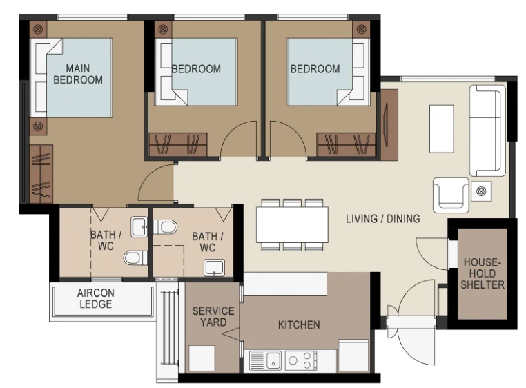 Tampines GreenOpal floor plan, type 4R: 4-room, 93 sqm, 1,001 sq ft