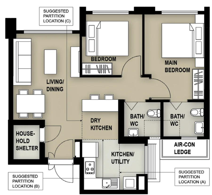 Tampines GreenQuartz floor plan, type 3R: 3-room, 71 sqm, 764 sq ft