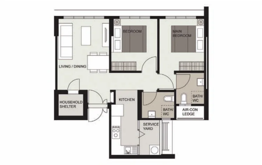 Tampines GreenRidges floor plan, type 3R: 3-room, 68 sqm, 732 sq ft