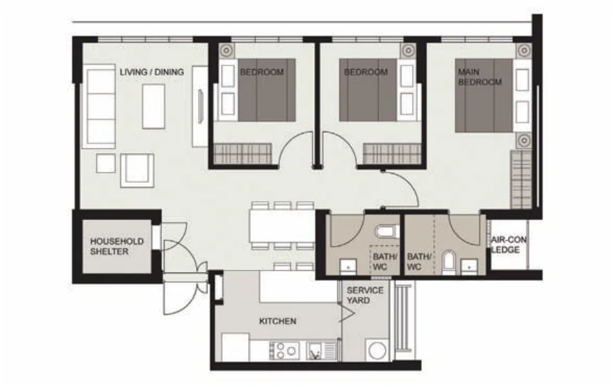 Tampines GreenRidges floor plan, type 4R: 4-room, 92 sqm, 990 sq ft