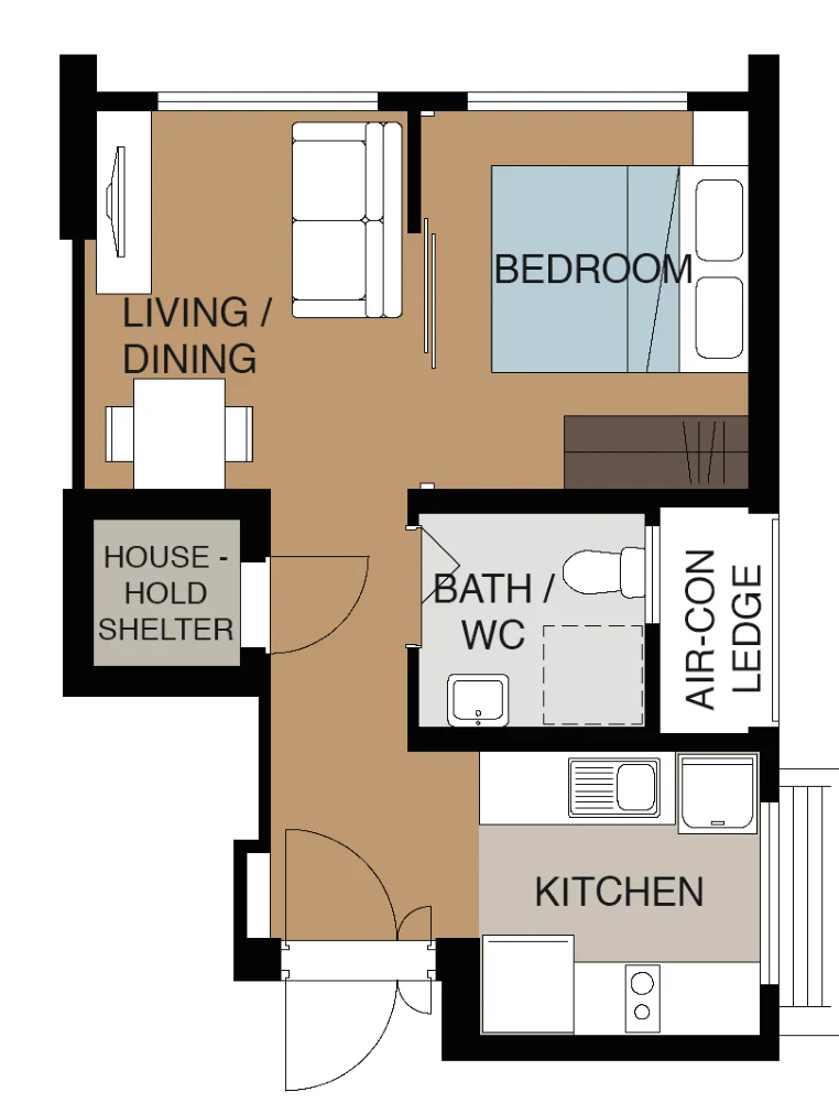 Tampines GreenSpring floor plan, type F1: 2-room Flexi (Type 1), 38 sqm, 409 sq ft