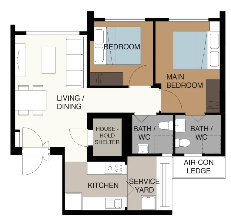 Tampines GreenSpring floor plan, type 3R: 3-room, 69 sqm, 743 sq ft