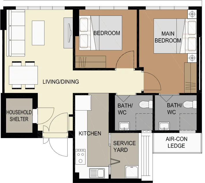 Tampines GreenVerge floor plan, type 3R: 3-room, 69 or 72 sqm, 743 sq ft