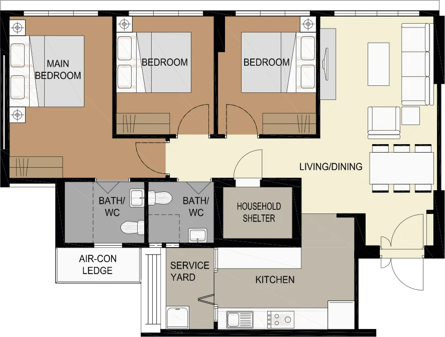 Tampines GreenVerge floor plan, type 4R: 4-room, 93 or 96 sqm, 1,001 sq ft