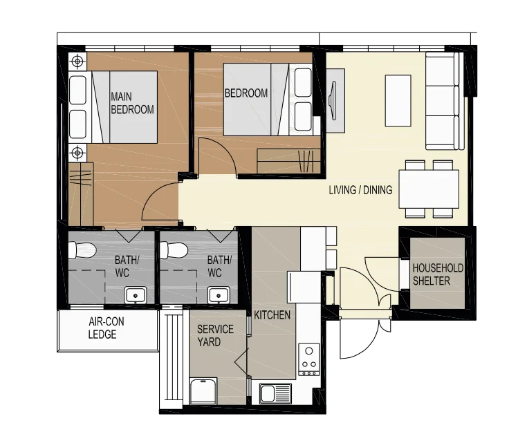 Tampines GreenView floor plan, type 3R: 3-room, 69 sqm, 743 sq ft