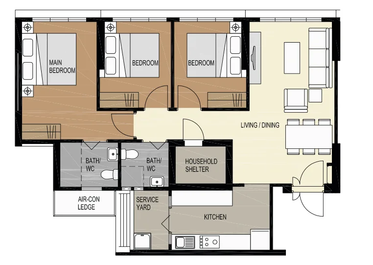 Tampines GreenView floor plan, type 4R: 4-room, 93 sqm, 1,001 sq ft