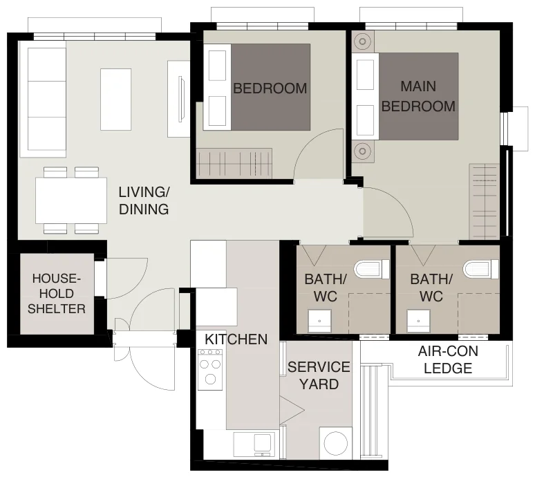 Tampines GreenVines floor plan, type 3R: 3-room, 69 sqm, 743 sq ft