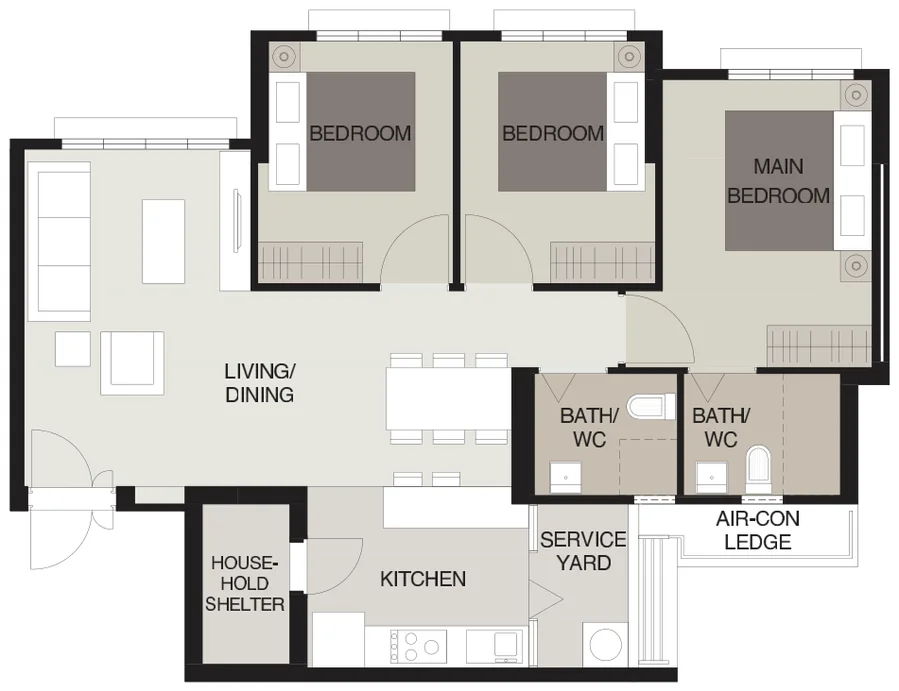 Tampines GreenVines floor plan, type 4R: 4-room, 93 or 96 sqm, 1,001 sq ft