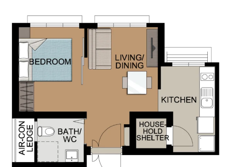 Teck Whye View floor plan, type F1: 2-room Flexi (Type 1), 38 sqm, 409 sq ft
