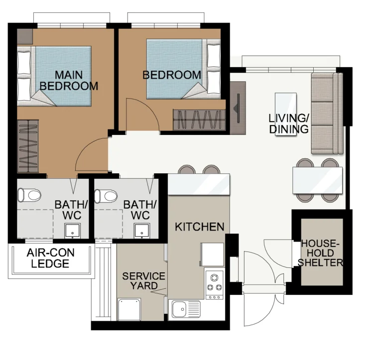 Teck Whye View floor plan, type 3R: 3-room, 68 sqm, 732 sq ft