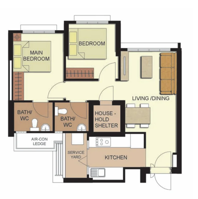 Telok Blangah ParcView floor plan, type 3R: 3-room, 68 sqm, 732 sq ft
