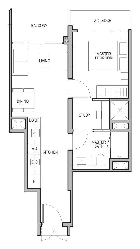 Tembusu Grand floor plan, type A1S: 1-Bedroom + Study, 527 sq ft