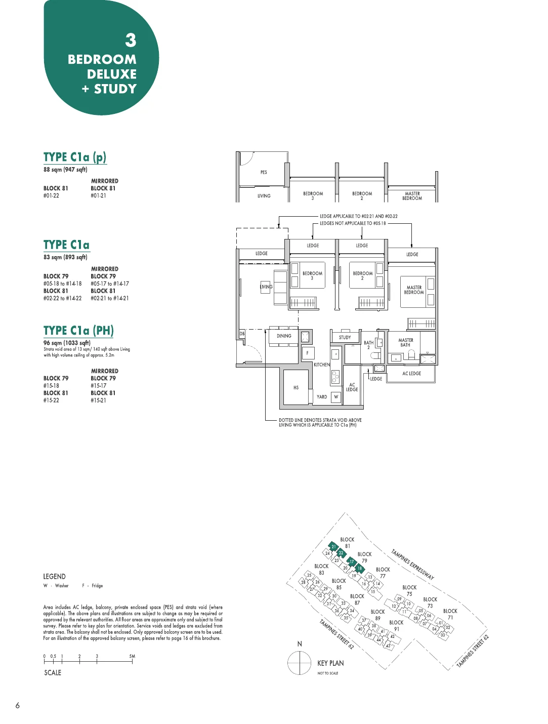 Tenet floor plan, type C1a: 3-Bedroom + Study, 893 sq ft