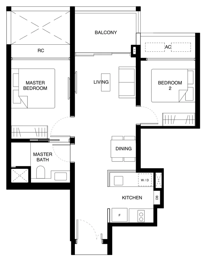 Tengah Garden Residences floor plan, type (2)a: 2-Bedroom, 624 sq ft
