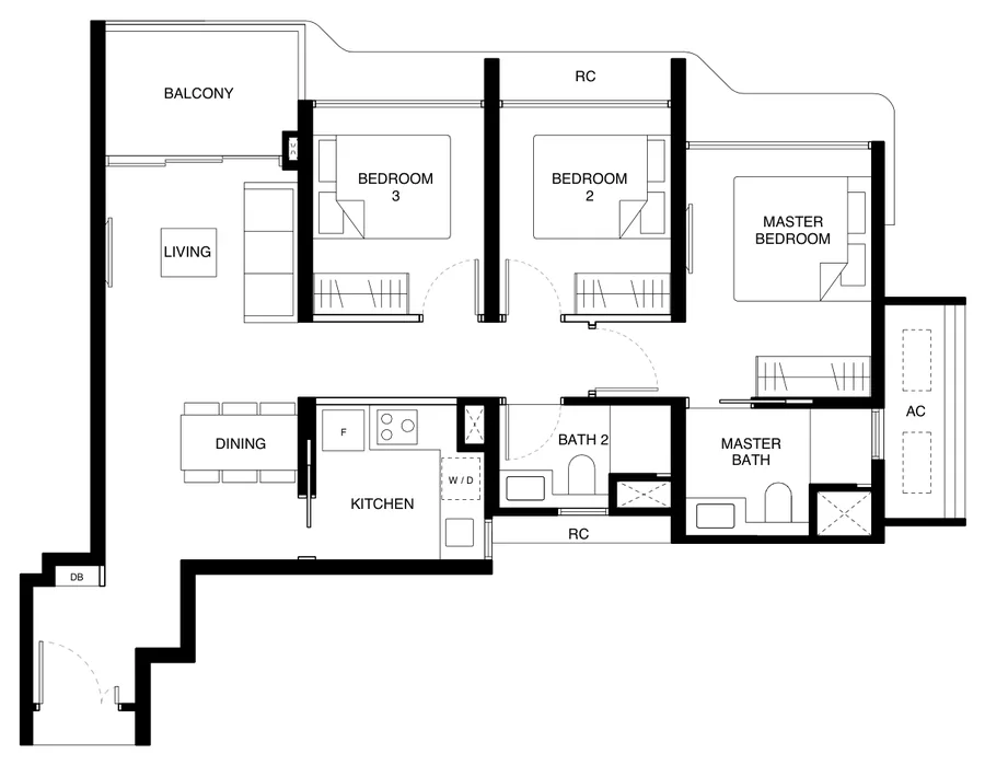 Tengah Garden Residences floor plan, type (3)c: 3-Bedroom, 829 sq ft