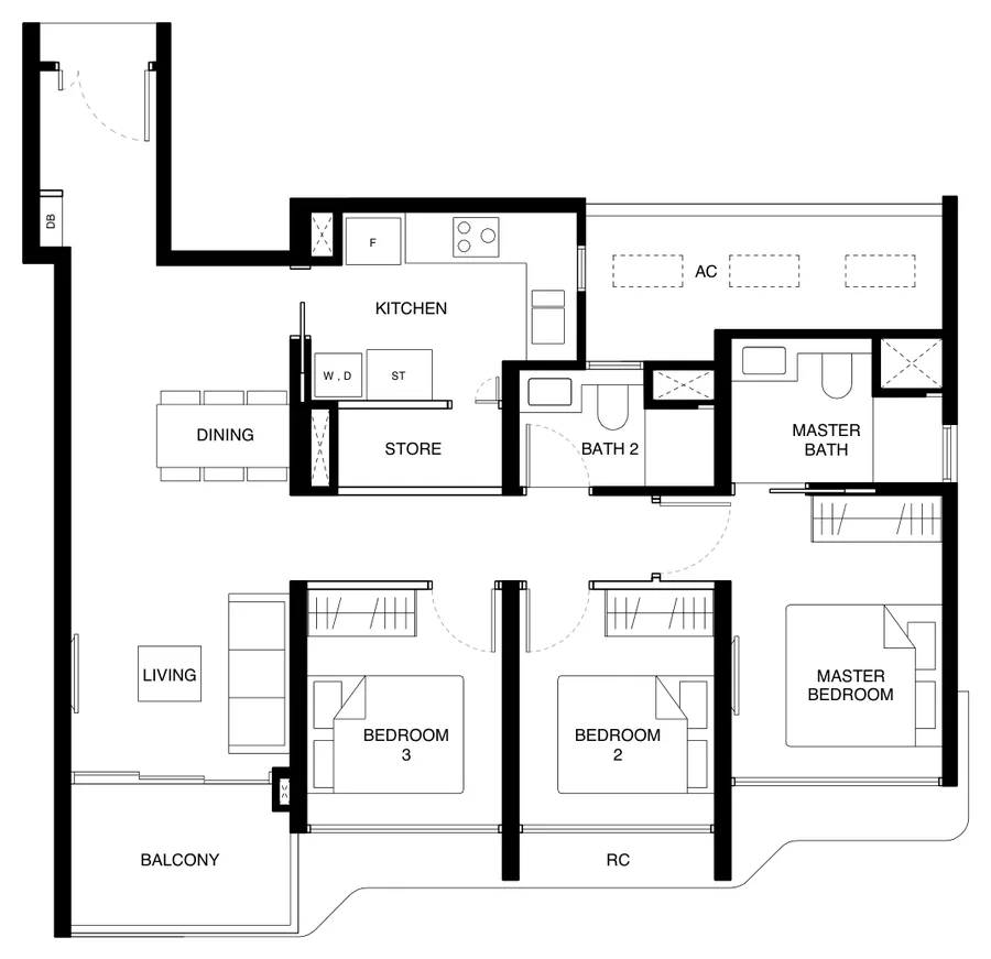 Tengah Garden Residences floor plan, type (3)d: 3-Bedroom (With Store), 904 sq ft