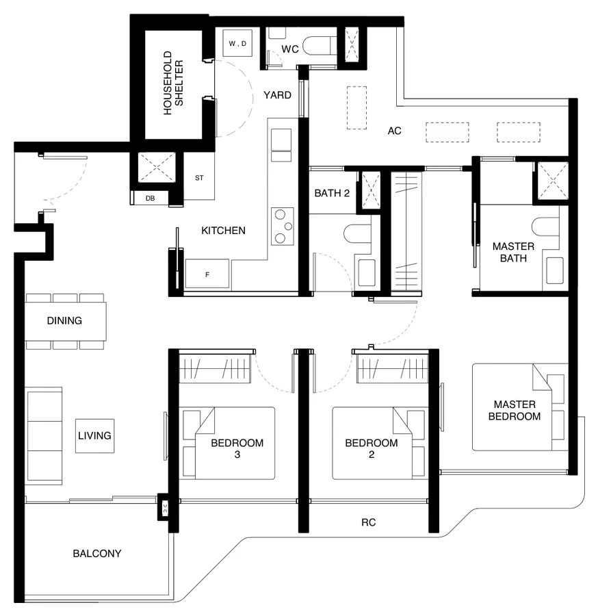 Tengah Garden Residences floor plan, type (3)i: 3-Bedroom Premium (With Yard), 1,012 sq ft