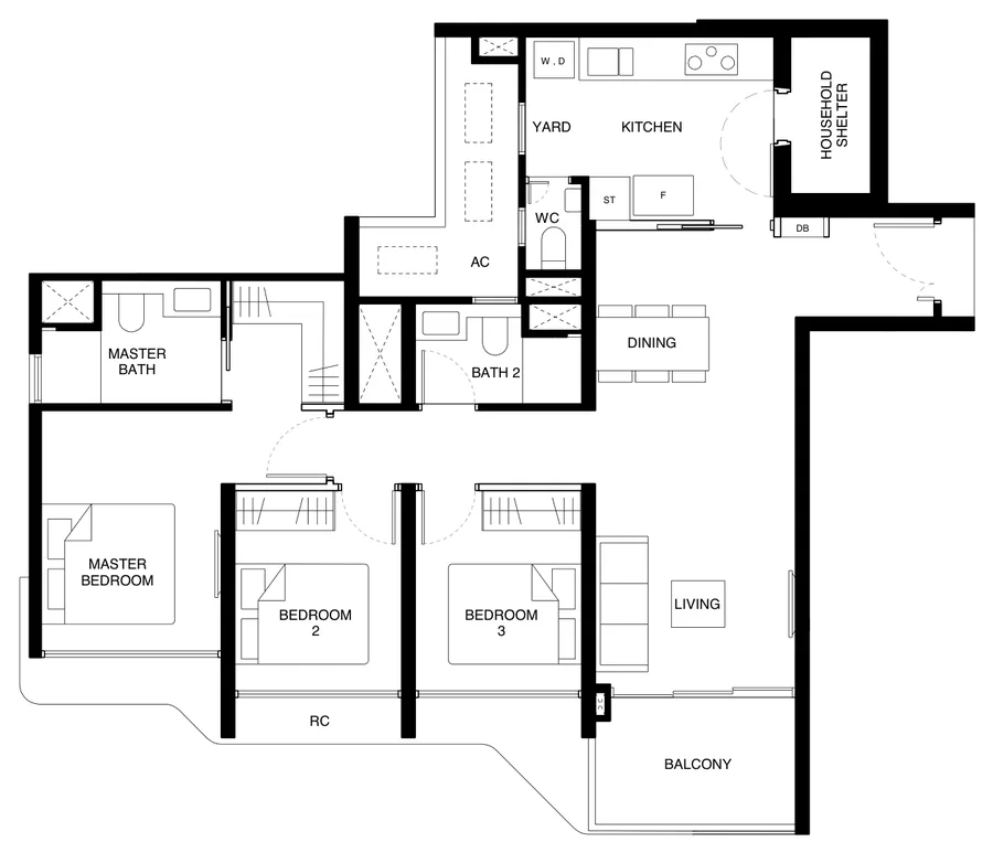 Tengah Garden Residences floor plan, type (3)j: 3-Bedroom Premium (With Yard), 1,023 sq ft