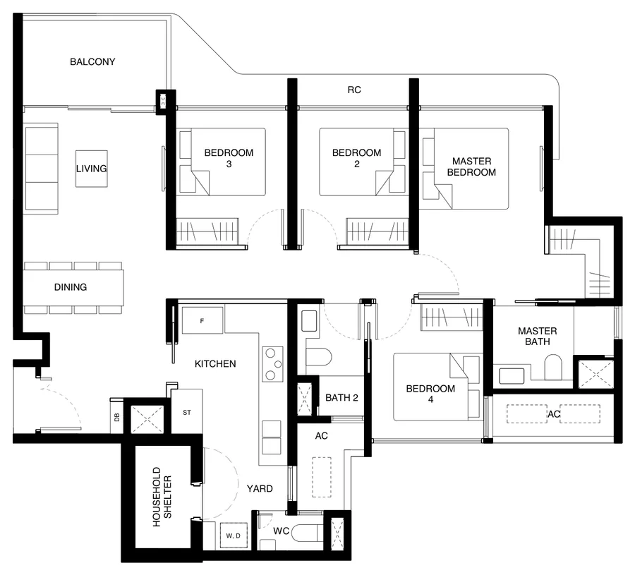 Tengah Garden Residences floor plan, type (4)b: 4-Bedroom (With Yard), 1,130 sq ft