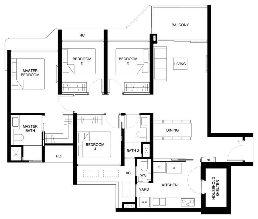 Tengah Garden Residences floor plan, type (4)c: 4-Bedroom (With Yard), 1,130 sq ft