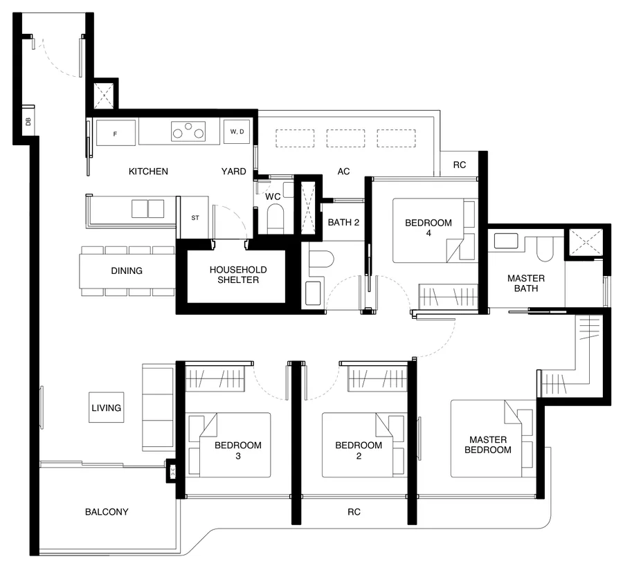 Tengah Garden Residences floor plan, type (4)d: 4-Bedroom (With Yard), 1,141 sq ft