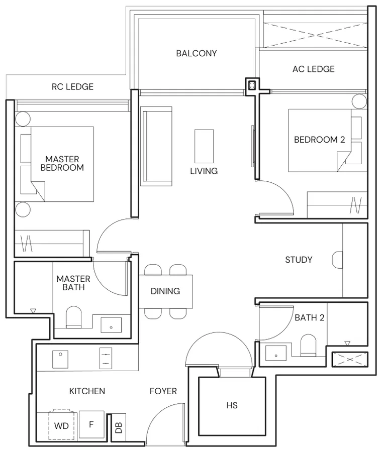 Terra Hill floor plan, type B3: 2 Bedroom + Study, 807 sq ft