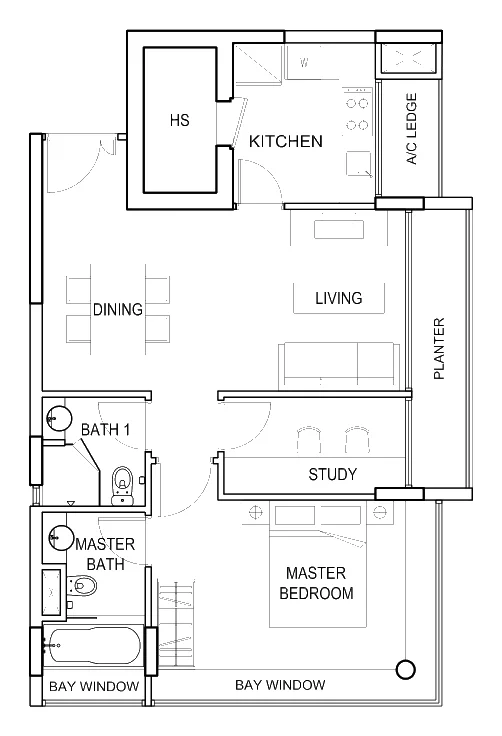 The Adara floor plan, type A: 1-Bedroom + Study, 775 sq ft